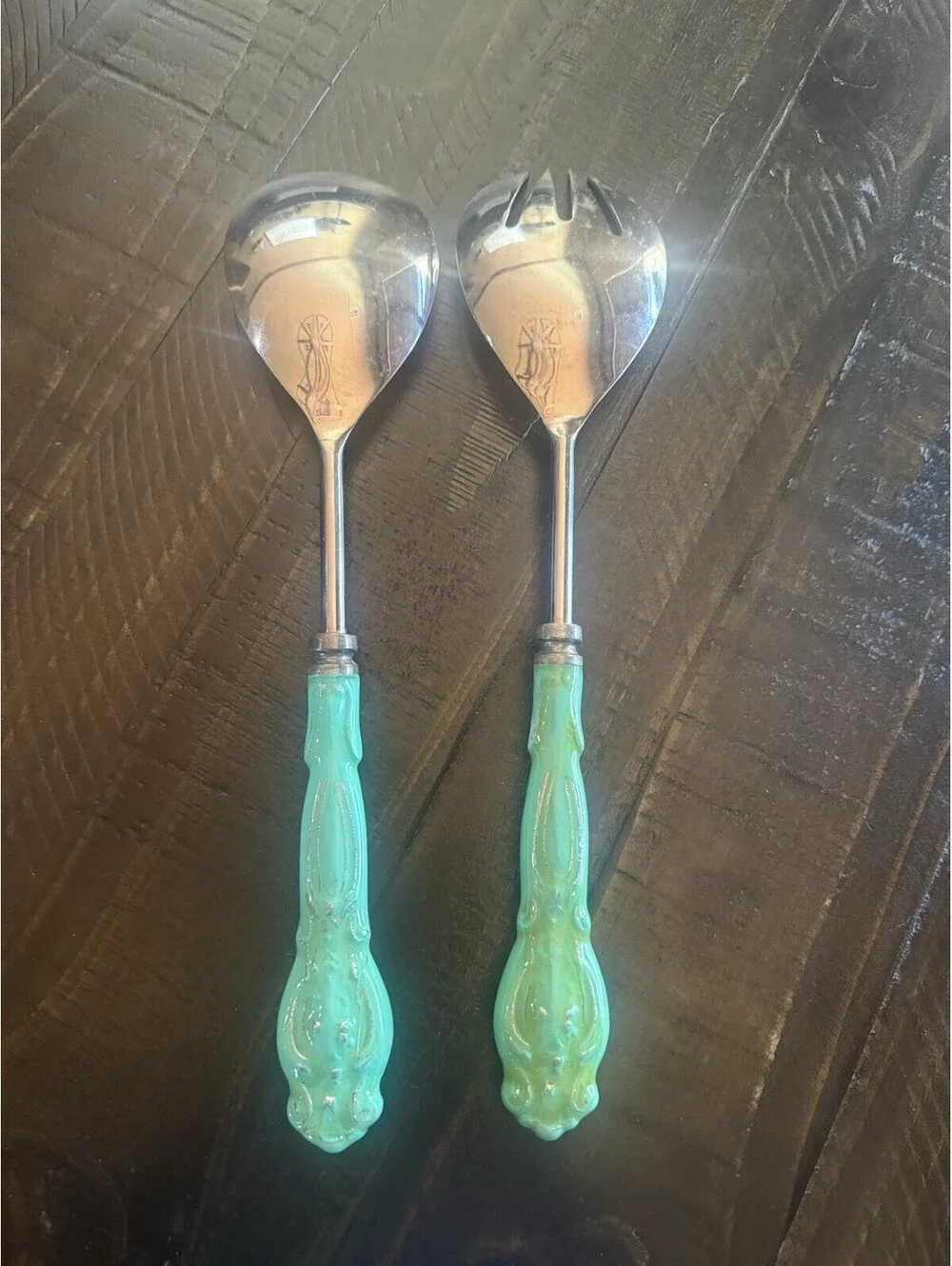 Spoon And Fork Salad Serving Set 2 Piece Heavy Duty Teal Handles Stainless Steel
